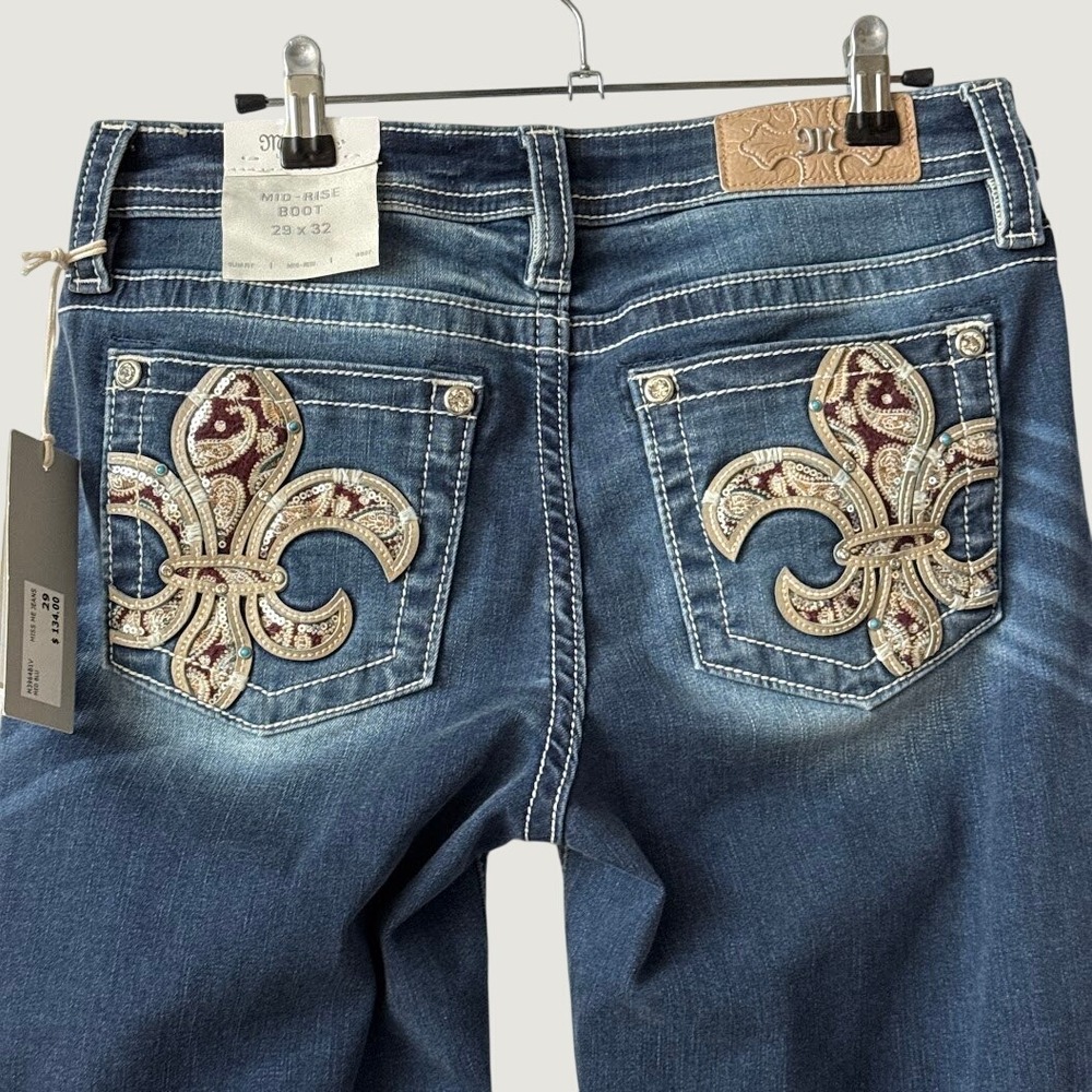 Miss Me Bootcut‎ Jeans Womens 29 Blue New NWT Fleur De Lis Embroidered Mid Rise